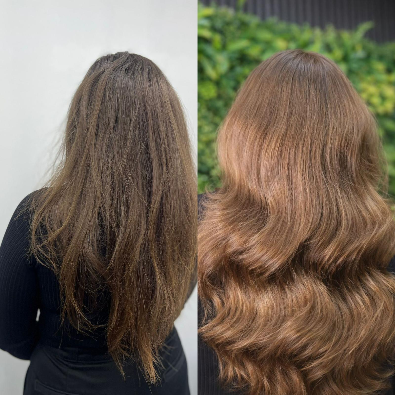 Coloration in warmem Karamellton, Vorher-Nachher bei MJ Art of Hair